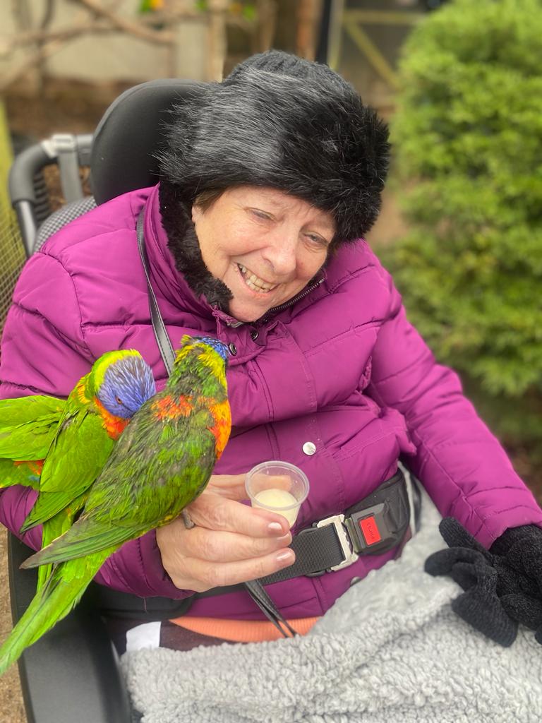 A female resident wrapped up warm feed some birds that are sat on her arm.