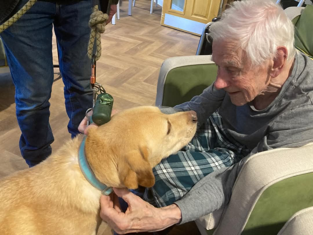 resident having a cuddle with the therapy dog