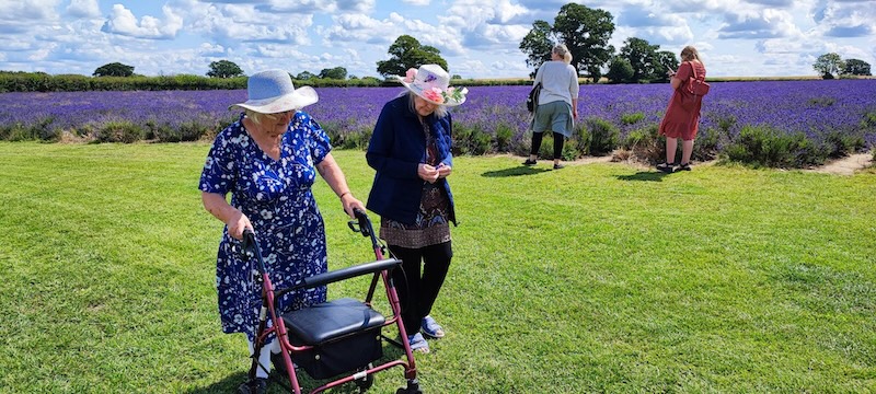 residents outside walking through a field