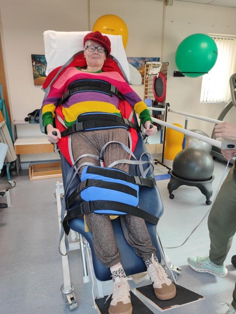 One of our residents helen at the physiotherapist in supportive equipment to help with her MS