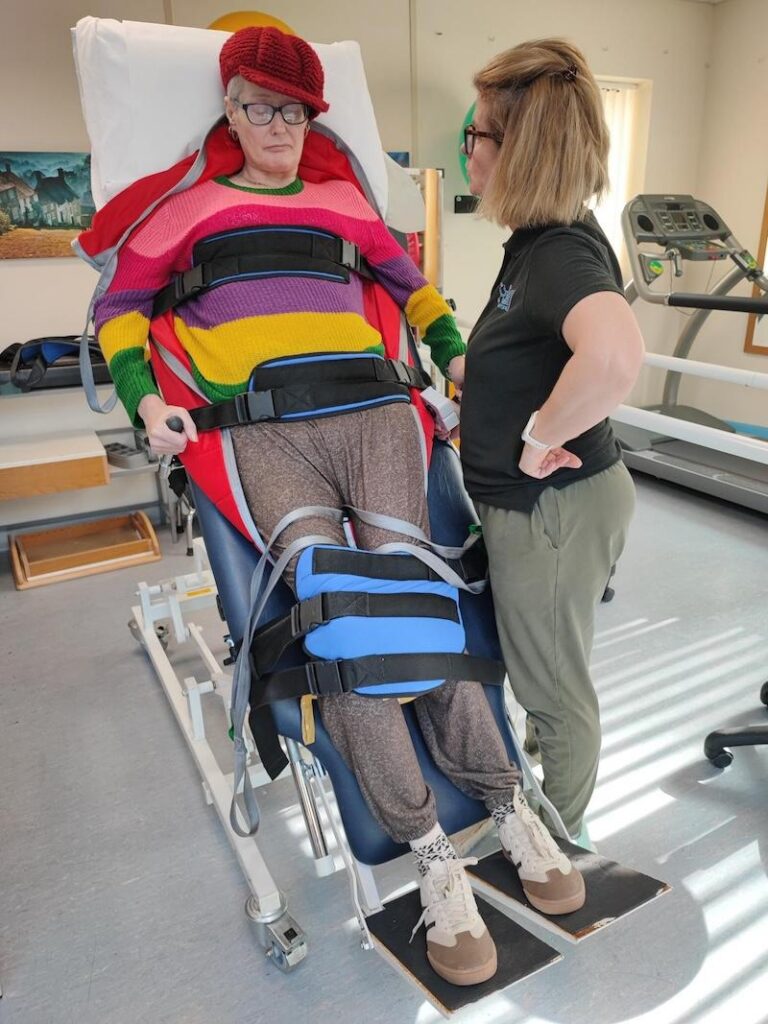 One of our residents helen at the physiotherapist in supportive equipment to help with her MS